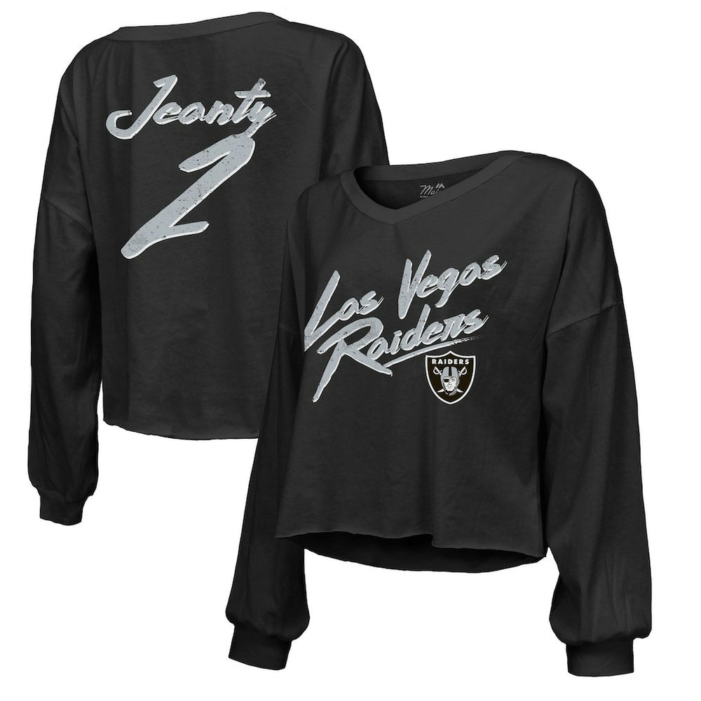 Ashton Jeanty Las Vegas Raiders Majestic Threads Women's Name & Number Off-Shoulder Script Cropped Long Sleeve Relaxed V-Neck T-Shirt - Black discount