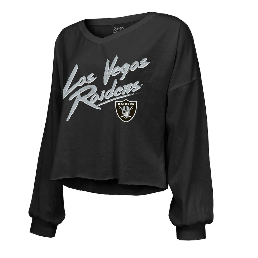 Ashton Jeanty Las Vegas Raiders Majestic Threads Women's Name & Number Off-Shoulder Script Cropped Long Sleeve Relaxed V-Neck T-Shirt - Black discount