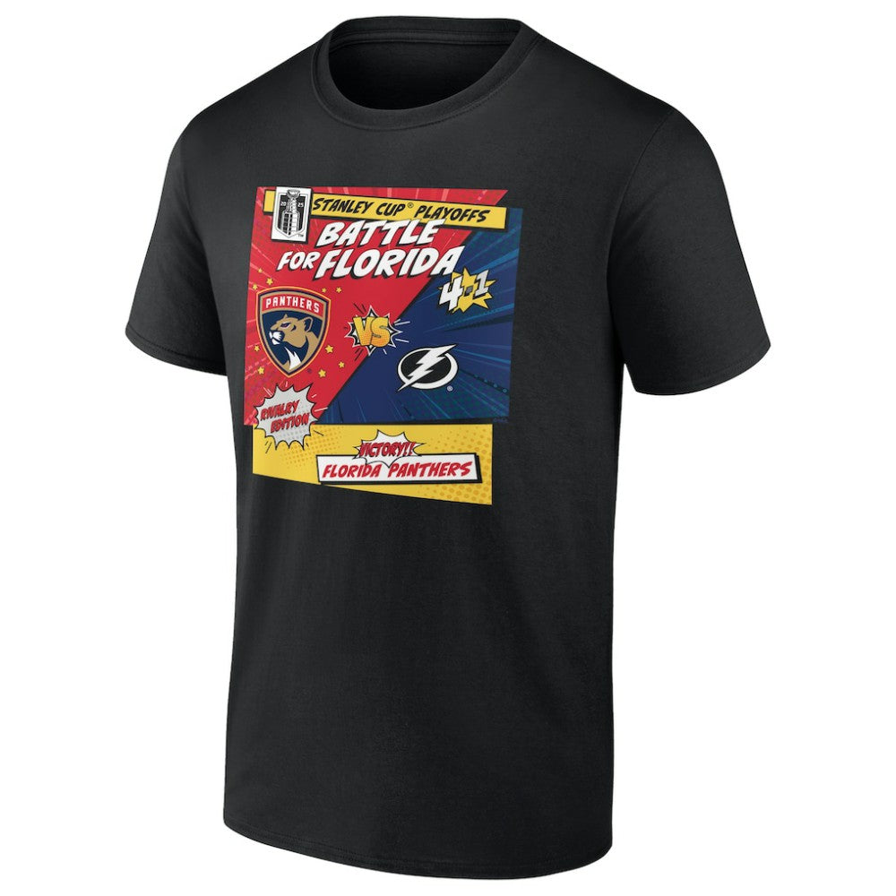 Florida Panthers vs. Tampa Bay Lightning 2025 Stanley Cup Playoffs Rivalry Comic Pop T-Shirt - Black T-shirts