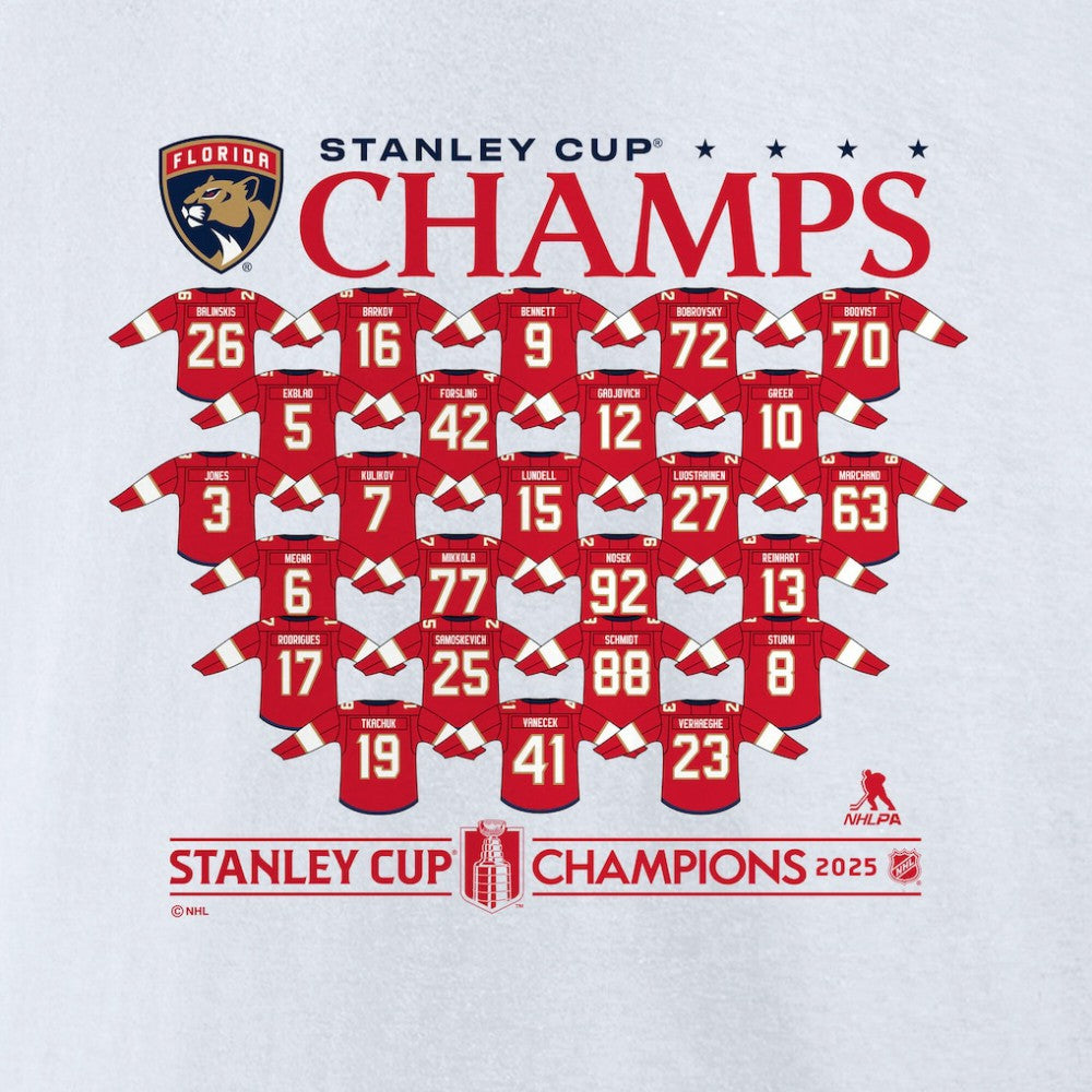 Florida Panthers Fanatics 2025 Stanley Cup Champions Jersey Roster T-Shirt - White T-shirts