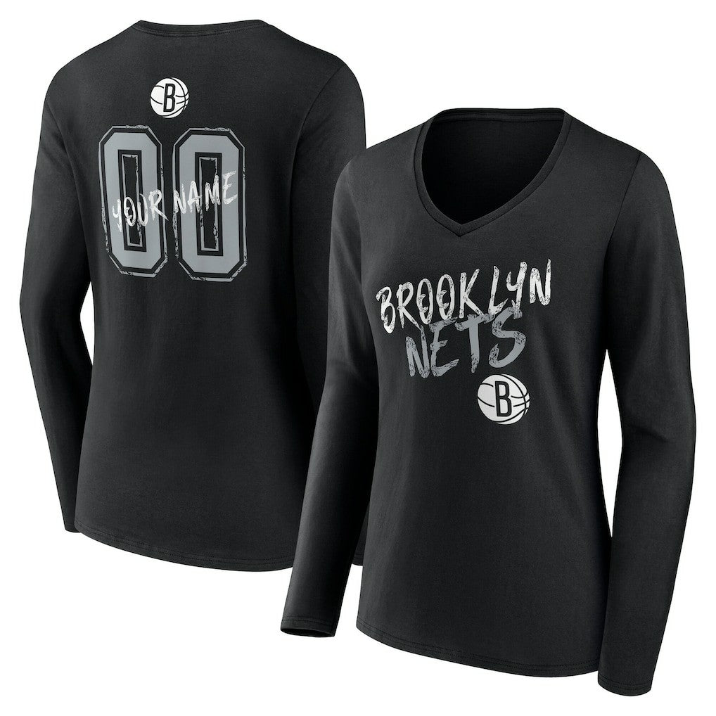 Brooklyn Nets Women's Hustle Custom Long Sleeve V-Neck T-Shirt - Black on sale