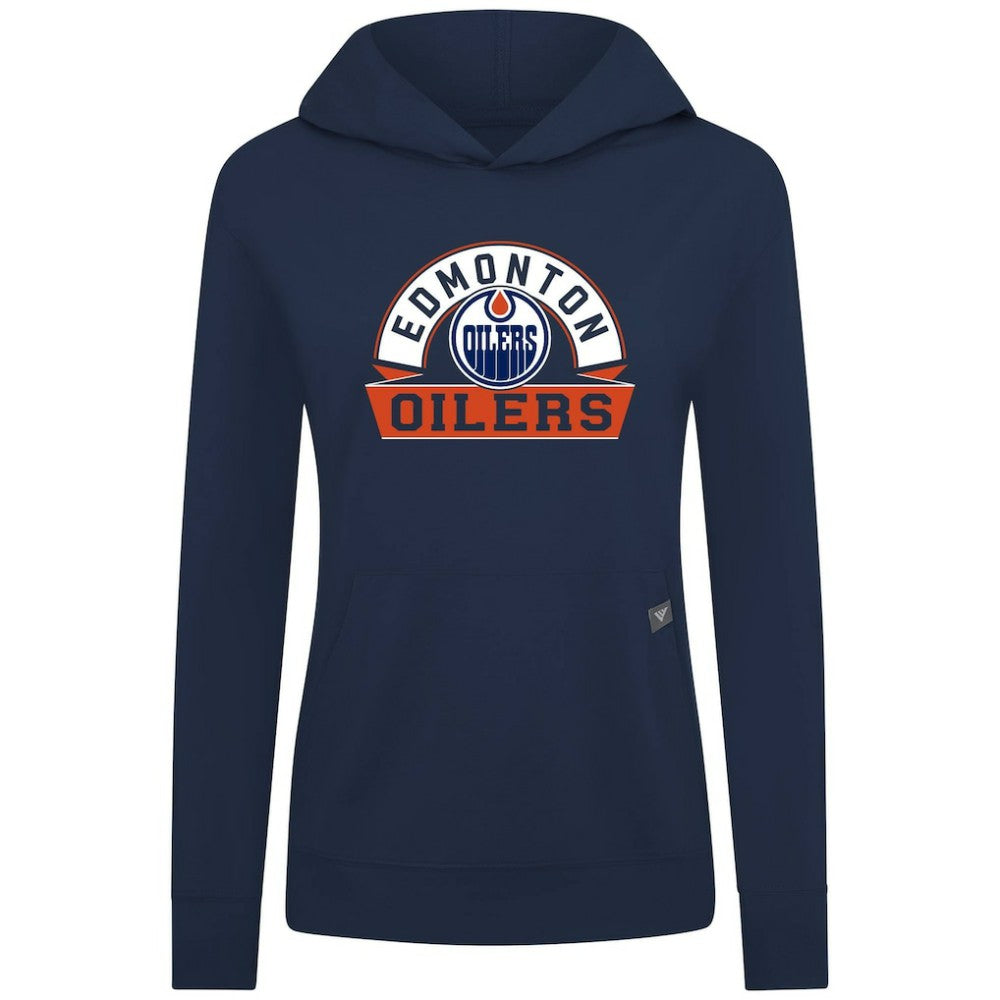 Edmonton Oilers Levelwear Women's Relay Banner Arch Pullover Hoodie - Navy Hoodies