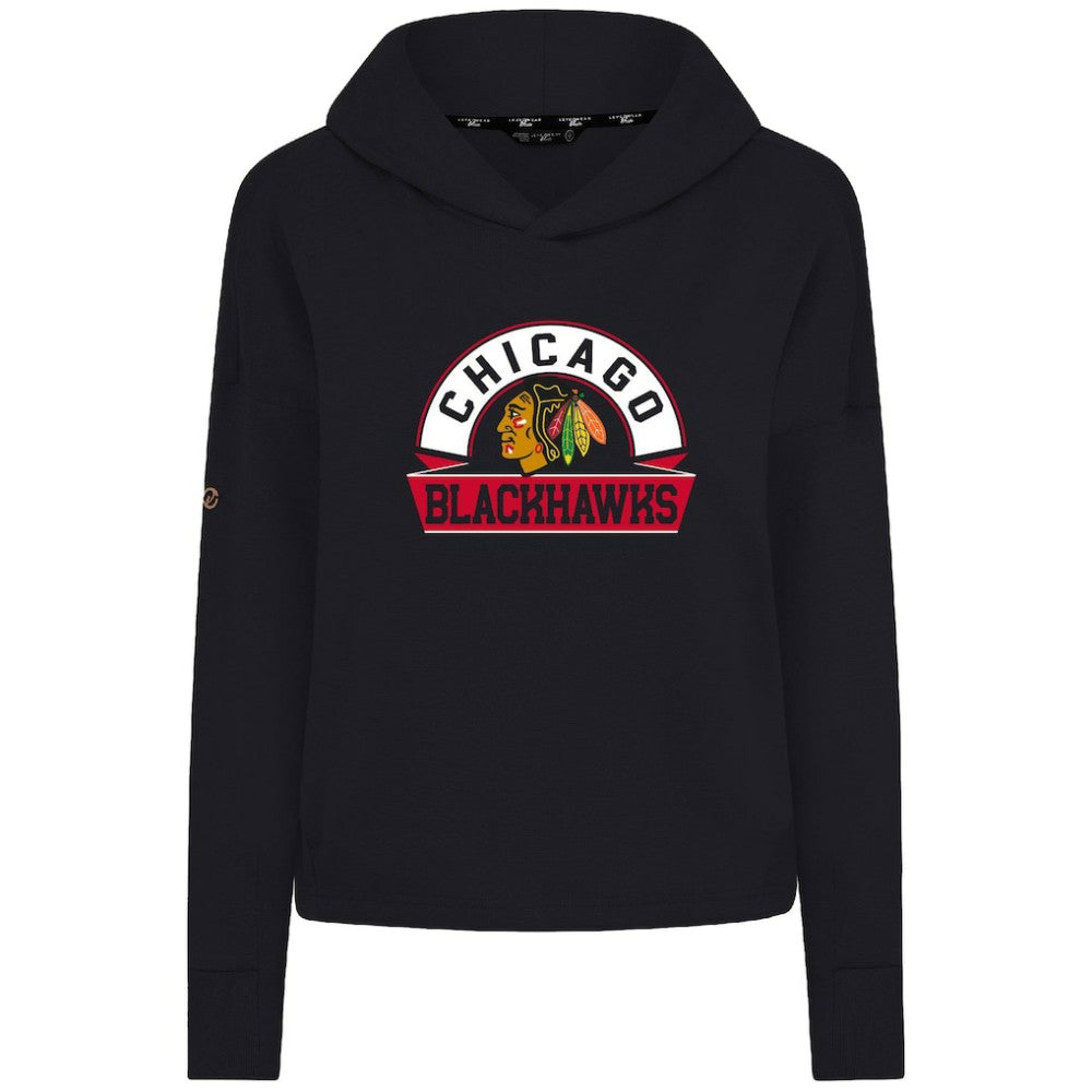 Chicago Blackhawks Levelwear Women's Sweet Banner Arch Tri-Blend Cropped Pullover Hoodie - Black Hoodies