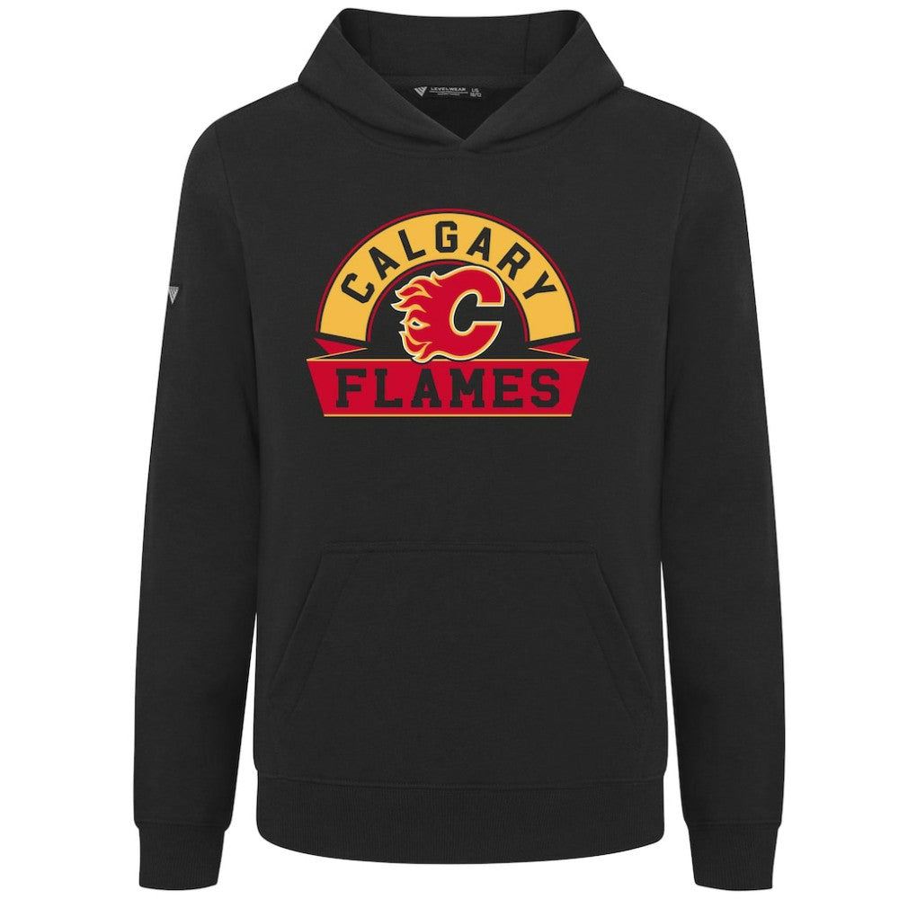 Calgary Flames Levelwear Youth Podium Banner Arch Pullover Hoodie - Black Hoodies