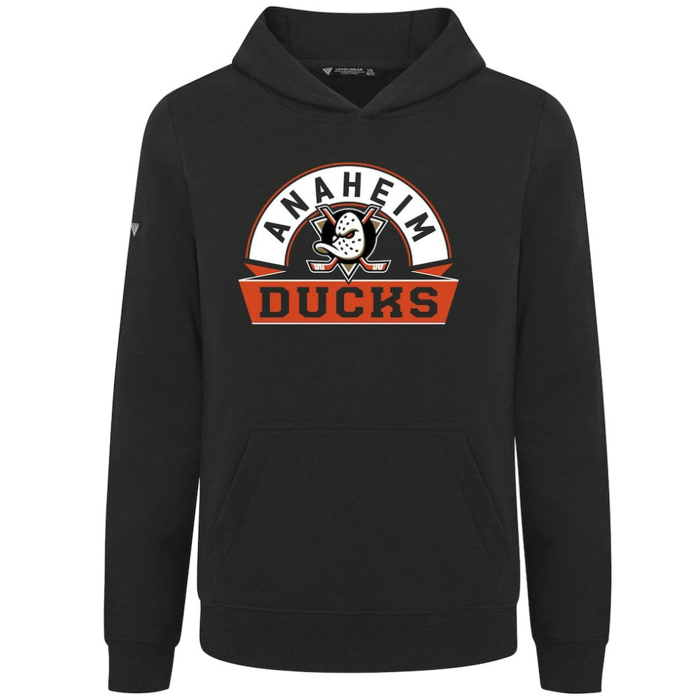 Anaheim Ducks Levelwear Youth Podium Banner Arch Pullover Hoodie - Black Hoodies
