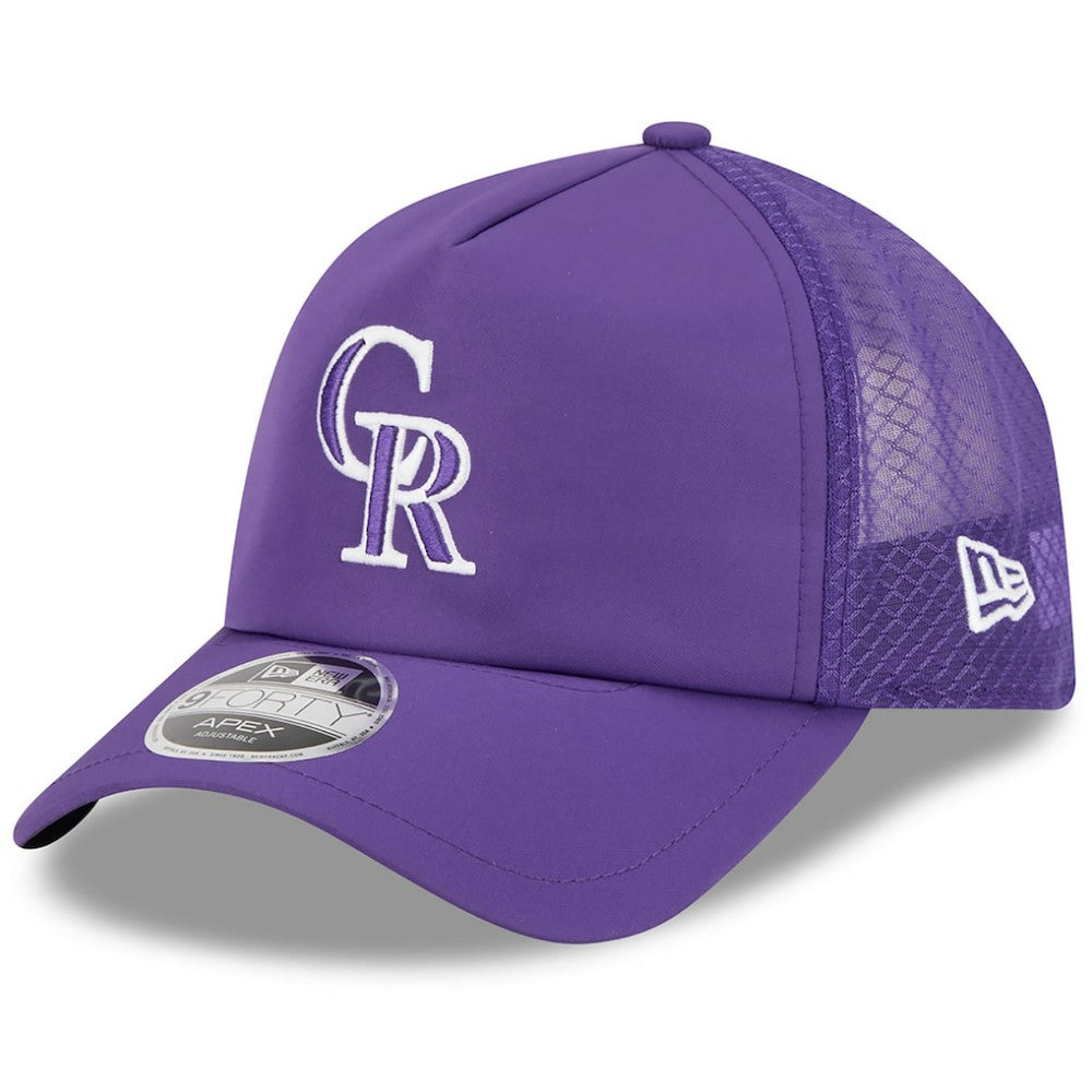 Colorado Rockies 2026 Batting Practice Apex 9FORTY Adjustable Trucker Hat Purple