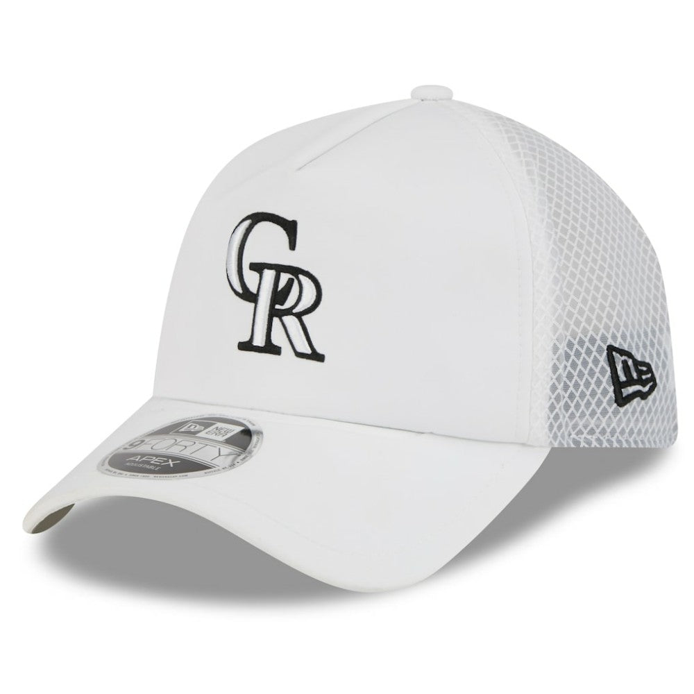 Colorado Rockies 2026 Batting Practice Apex 9FORTY Adjustable Trucker Hat White