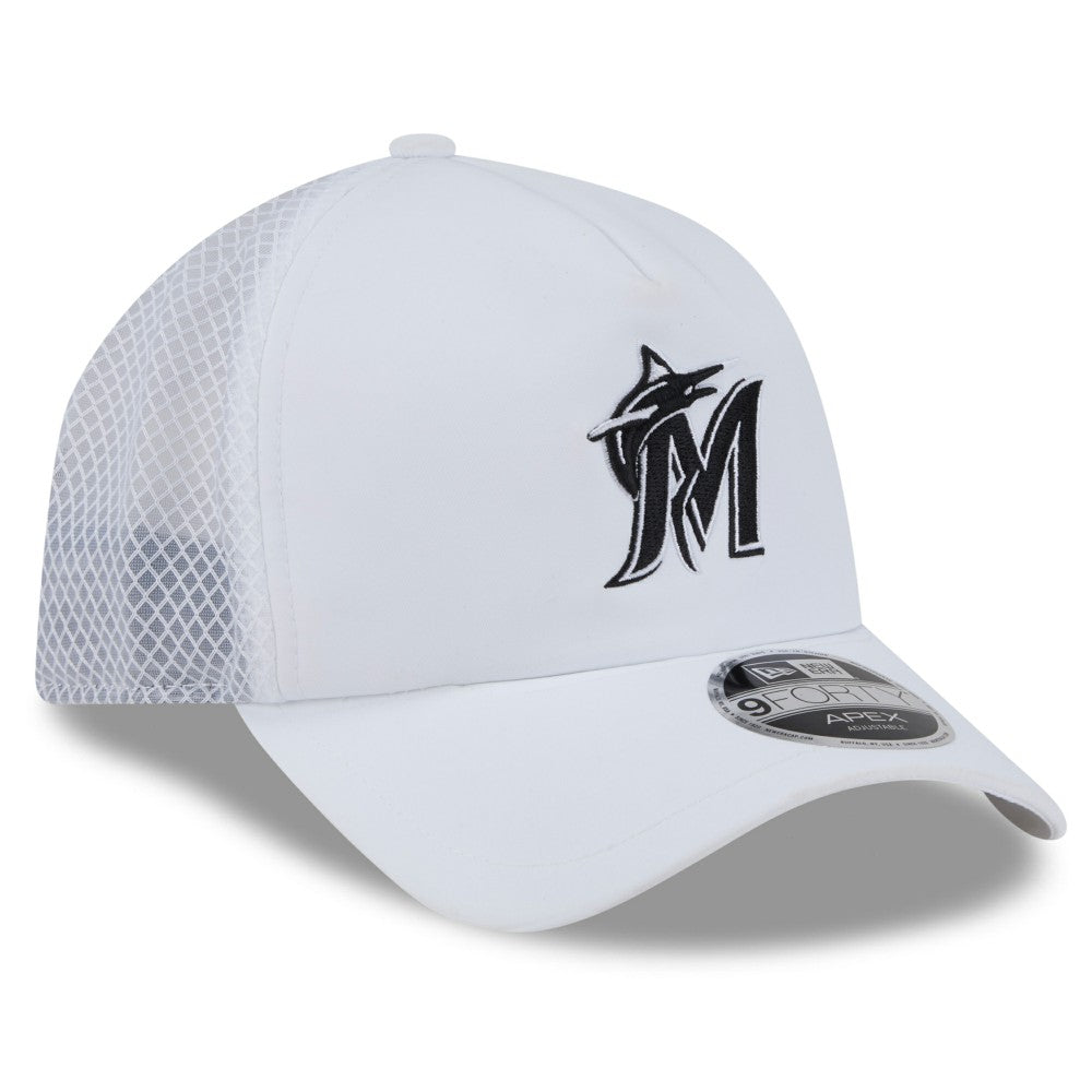 Miami Marlins 2026 Batting Practice Apex 9FORTY Adjustable Trucker Hat White