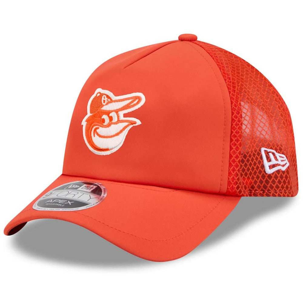 Baltimore Orioles 2026 Batting Practice Apex 9FORTY Adjustable Trucker Hat Orange