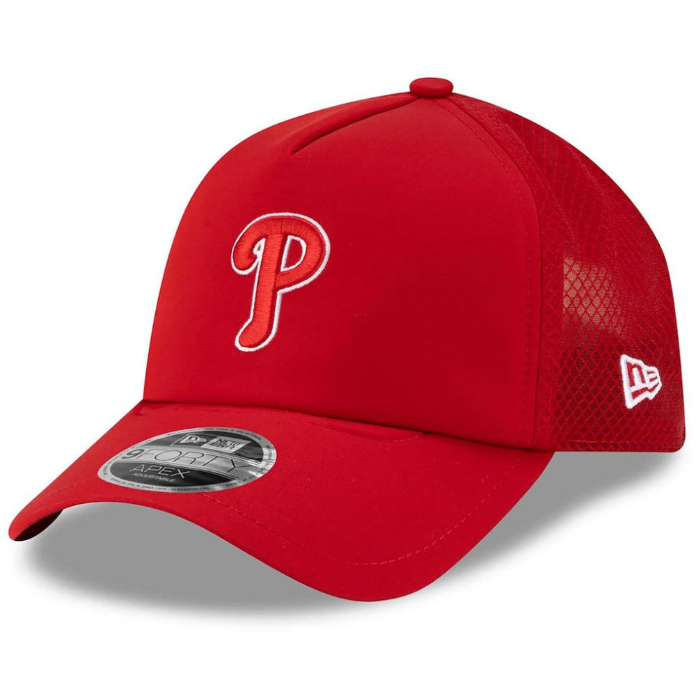 Philadelphia Phillies 2026 Batting Practice Apex 9FORTY Adjustable Trucker Hat Red