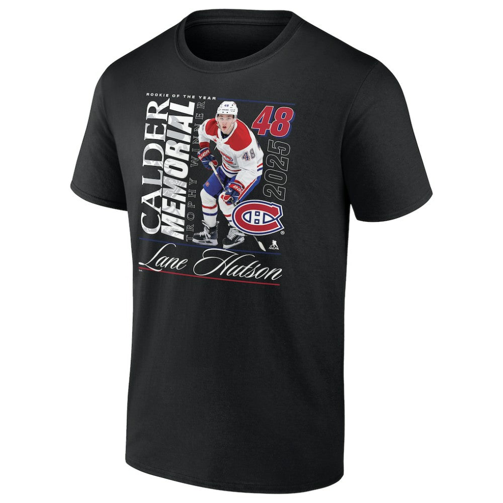 Lane Hutson Montreal Canadiens 2025 Calder Memorial Trophy Winner T-Shirt - Black T-shirts