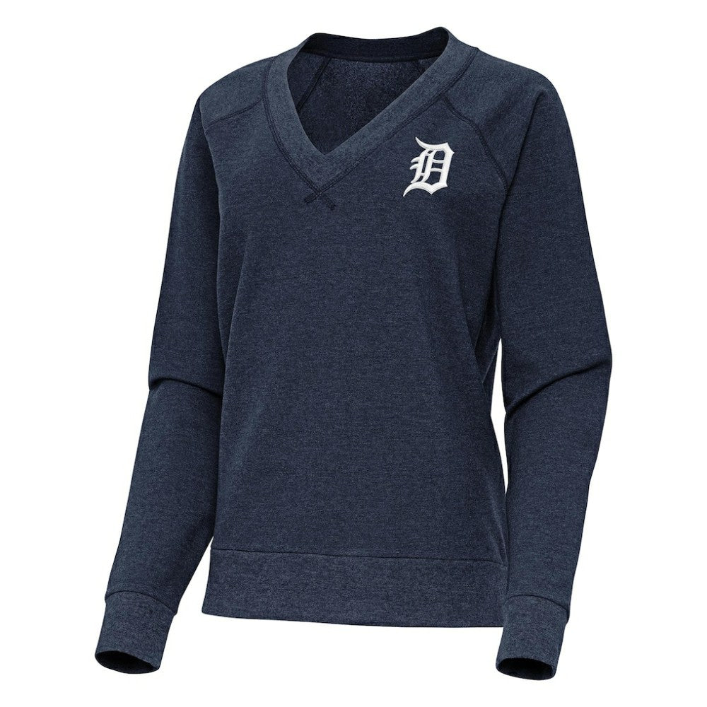 Detroit Tigers Antigua Women's Varsity Tri-Blend V-Neck Long Sleeve T-Shirt Heather Navy
