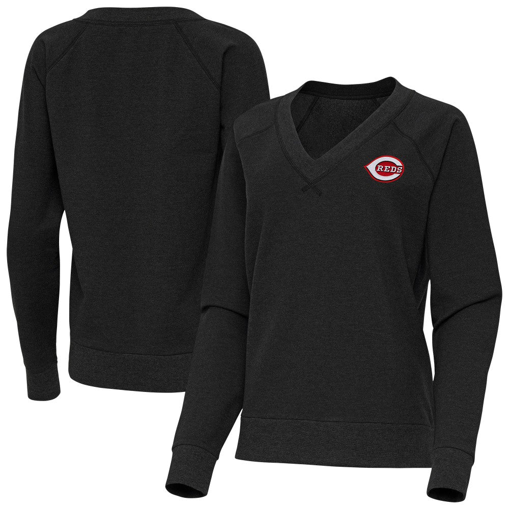 Cincinnati Reds Antigua Women's Varsity Tri-Blend V-Neck Long Sleeve T-Shirt Heather Black
