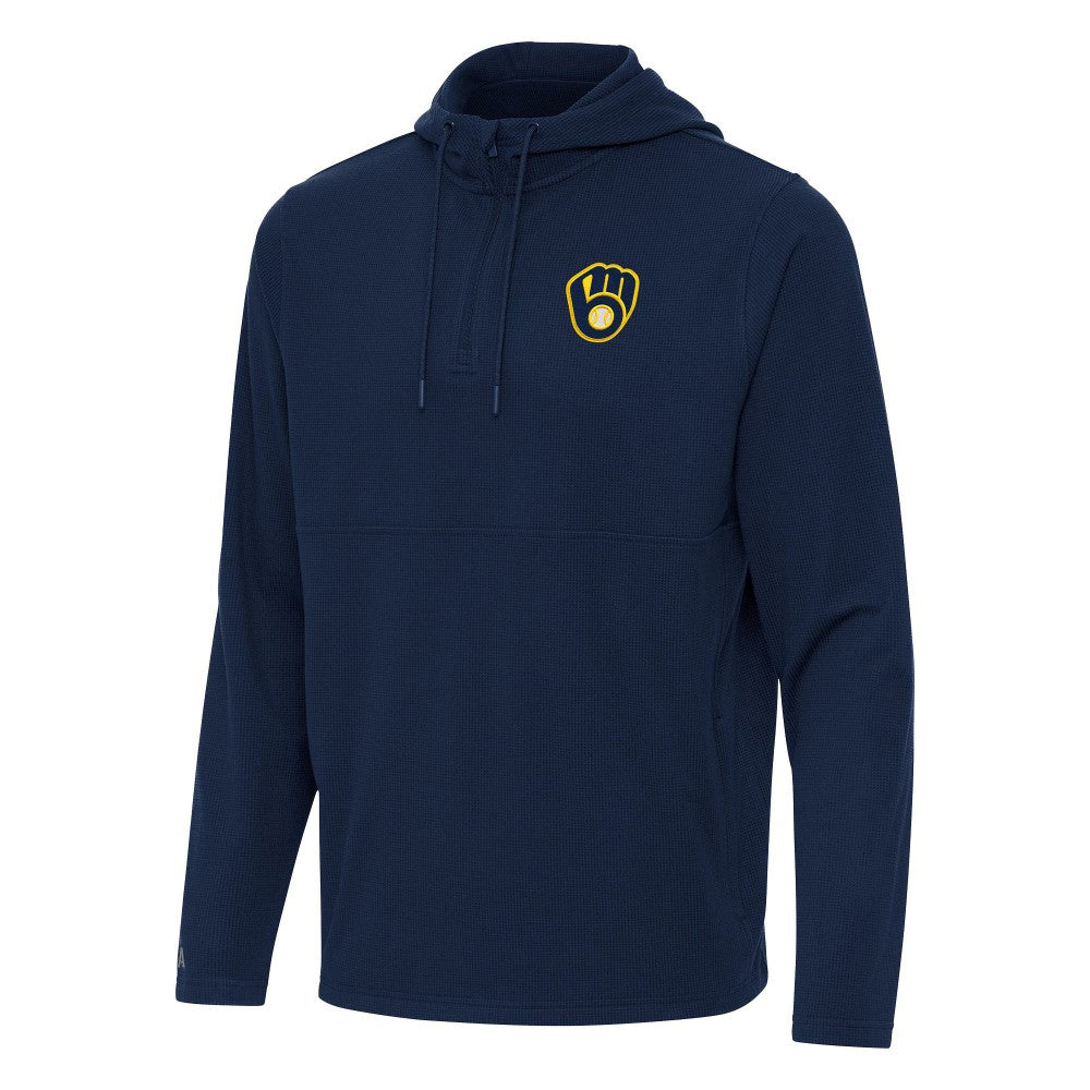 Milwaukee Brewers Antigua Connected Quarter-Zip Pullover Hoodie Navy