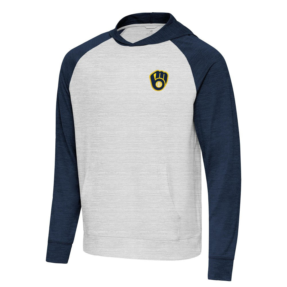 Milwaukee Brewers Antigua Urgent Pullover Hoodie Heather Navy/Gray