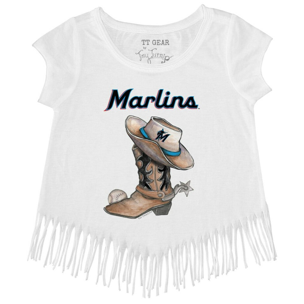 Miami Marlins Tiny Turnip Girls Youth Cowboy Boot Fringe T-Shirt White