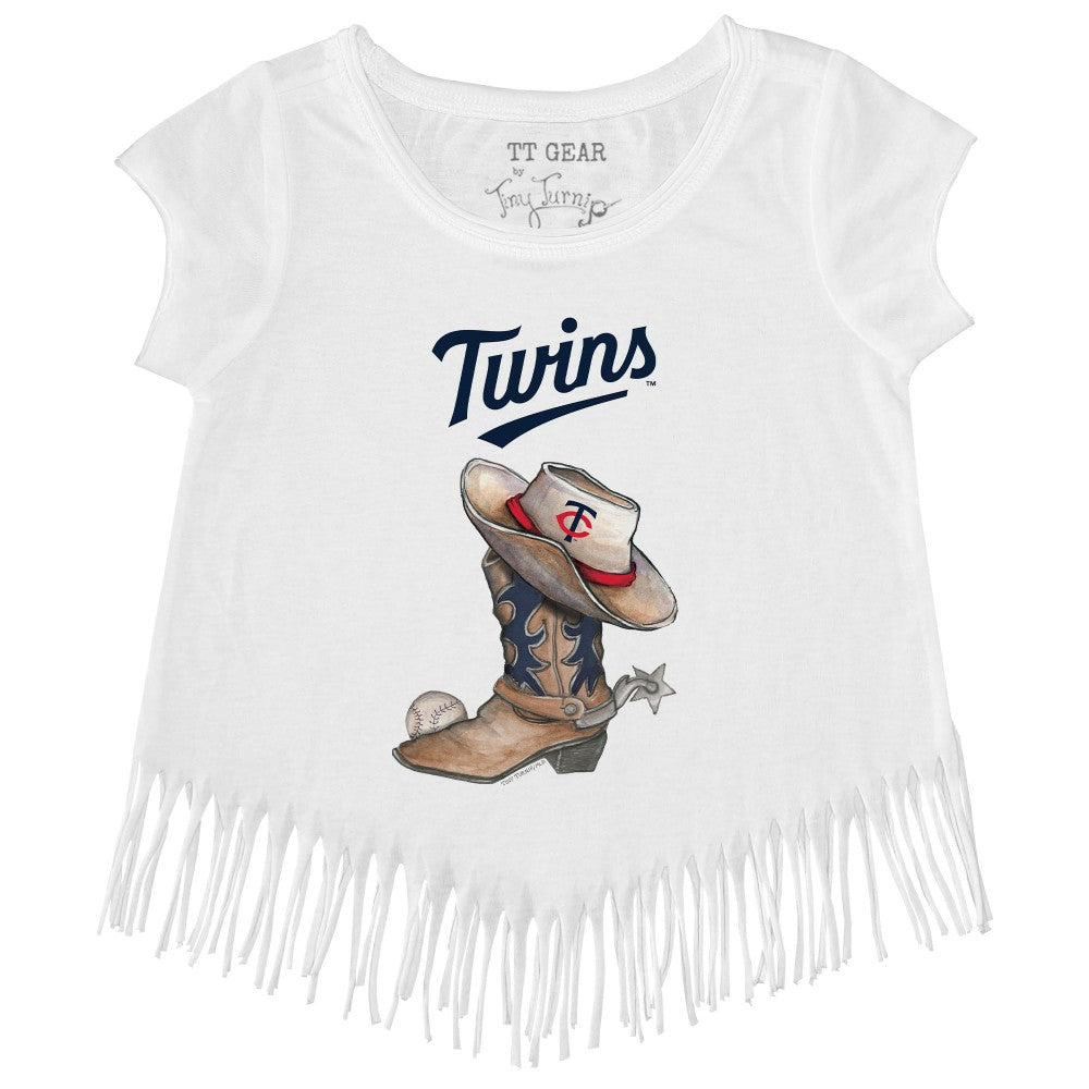 Minnesota Twins Tiny Turnip Girls Youth Cowboy Boot Fringe T-Shirt White