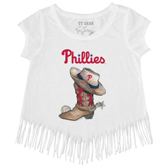 Philadelphia Phillies Tiny Turnip Girls Youth Cowboy Boot Fringe T-Shirt White