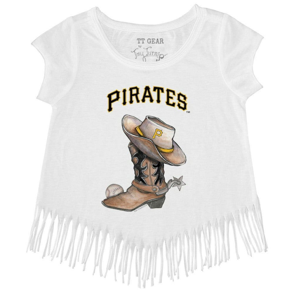 Pittsburgh Pirates Tiny Turnip Girls Youth Cowboy Boot Fringe T-Shirt White