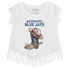 Toronto Blue Jays Tiny Turnip Girls Youth Cowboy Boot Fringe T-Shirt White