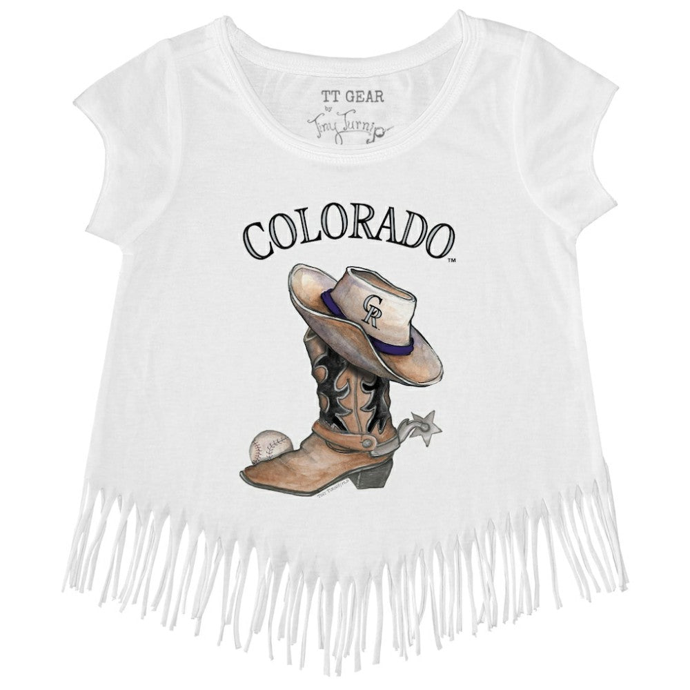 Colorado Rockies Tiny Turnip Girls Youth Cowboy Boot Fringe T-Shirt White