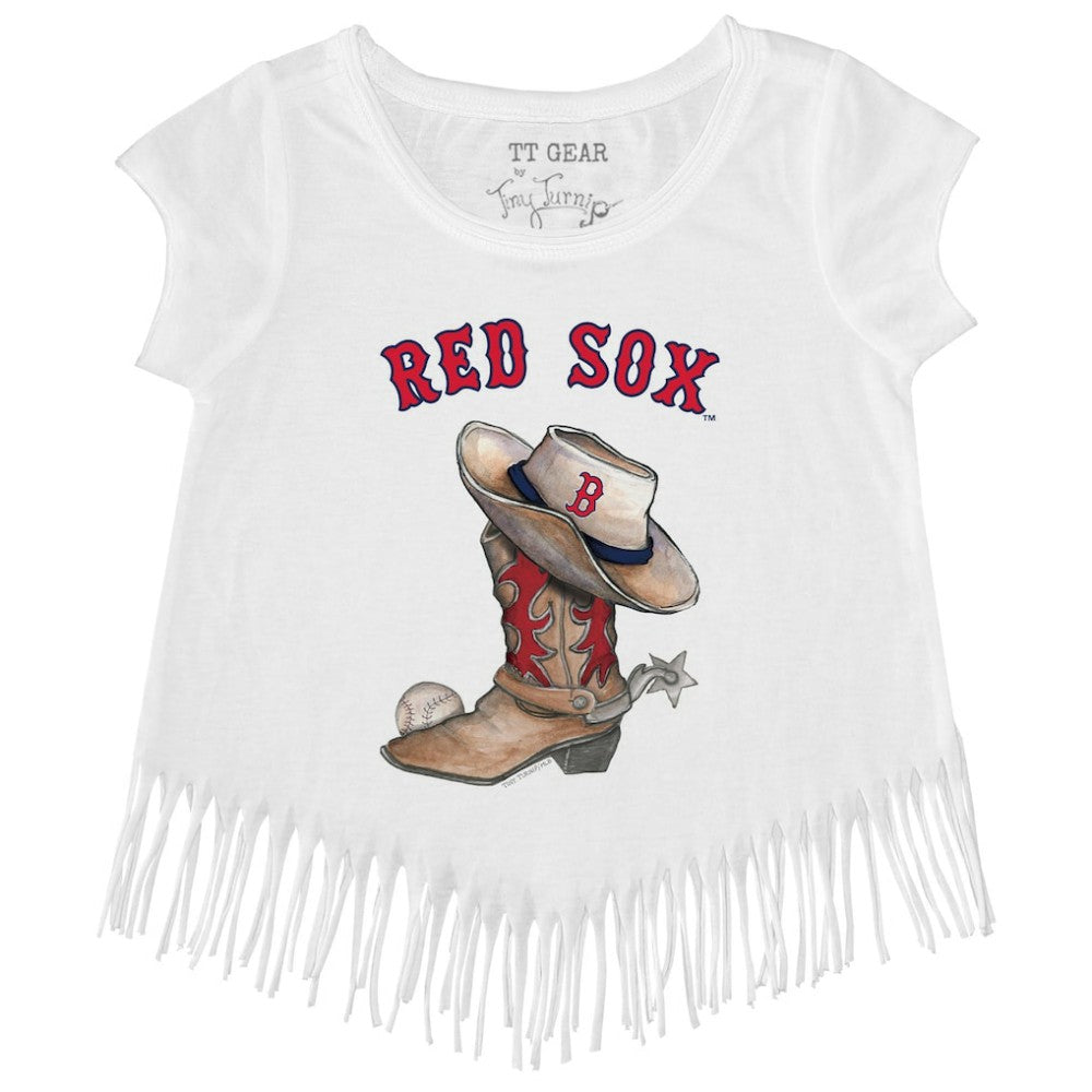 Boston Red Sox Tiny Turnip Girls Youth Cowboy Boot Fringe T-Shirt White