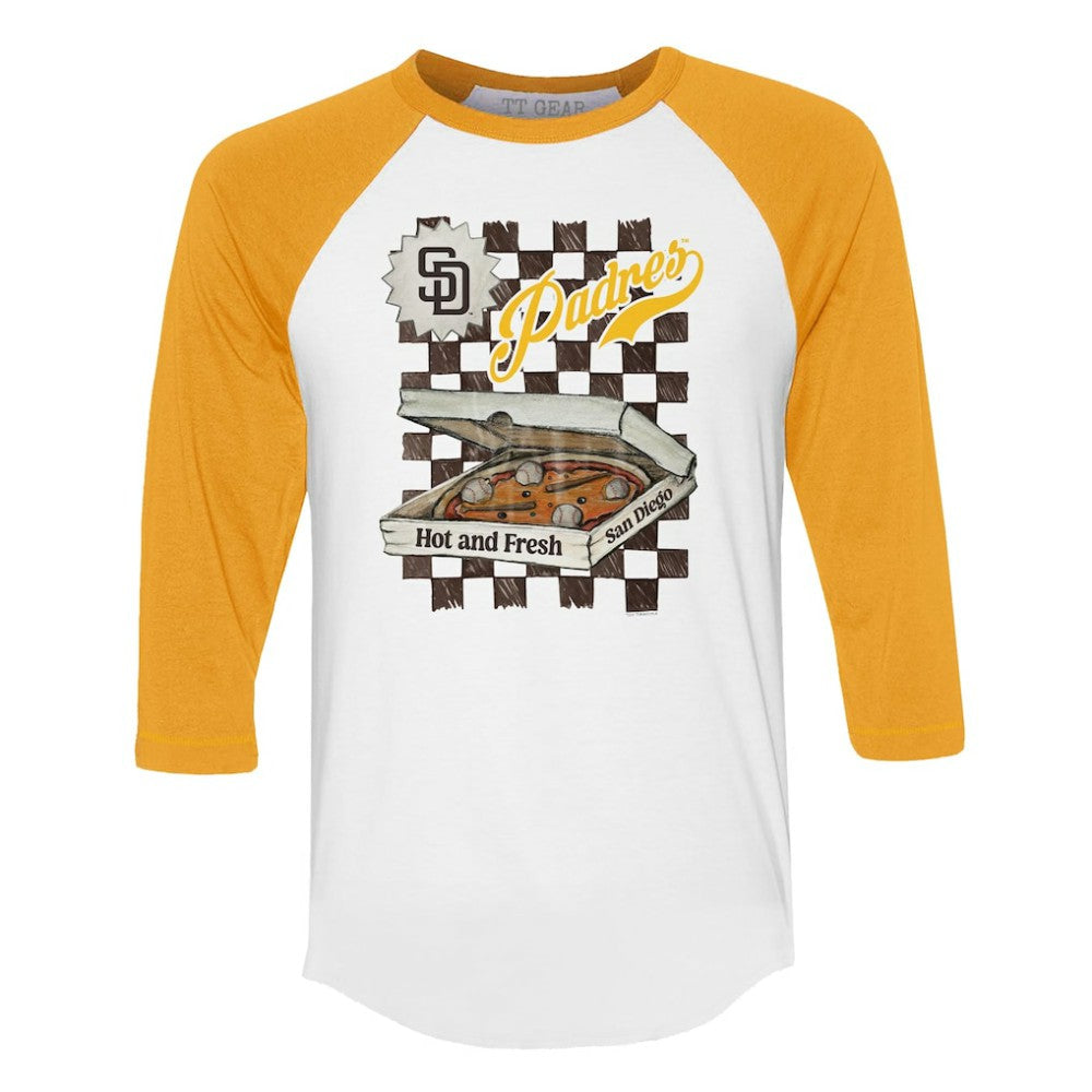 San Diego Padres Tiny Turnip Women's Pizza 3/4-Sleeve Raglan Baseball T-Shirt White/Gold