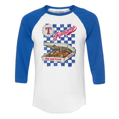 Texas Rangers Tiny Turnip Women's Pizza 3/4-Sleeve Raglan Baseball T-Shirt White/Royal