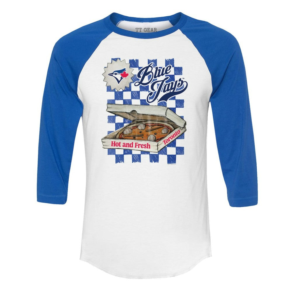 Toronto Blue Jays Tiny Turnip Women's Pizza 3/4-Sleeve Raglan Baseball T-Shirt White/Royal