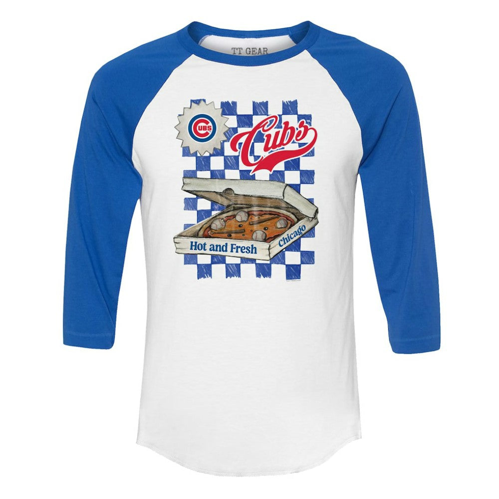 Chicago Cubs Tiny Turnip Women's Pizza 3/4-Sleeve Raglan Baseball T-Shirt White/Royal