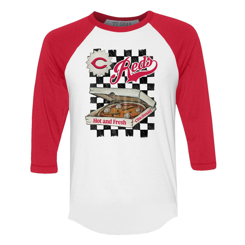 Cincinnati Reds Tiny Turnip Women's Pizza 3/4-Sleeve Raglan Baseball T-Shirt White/Red