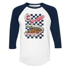 Cleveland Guardians Tiny Turnip Women's Pizza 3/4-Sleeve Raglan Baseball T-Shirt White/Navy