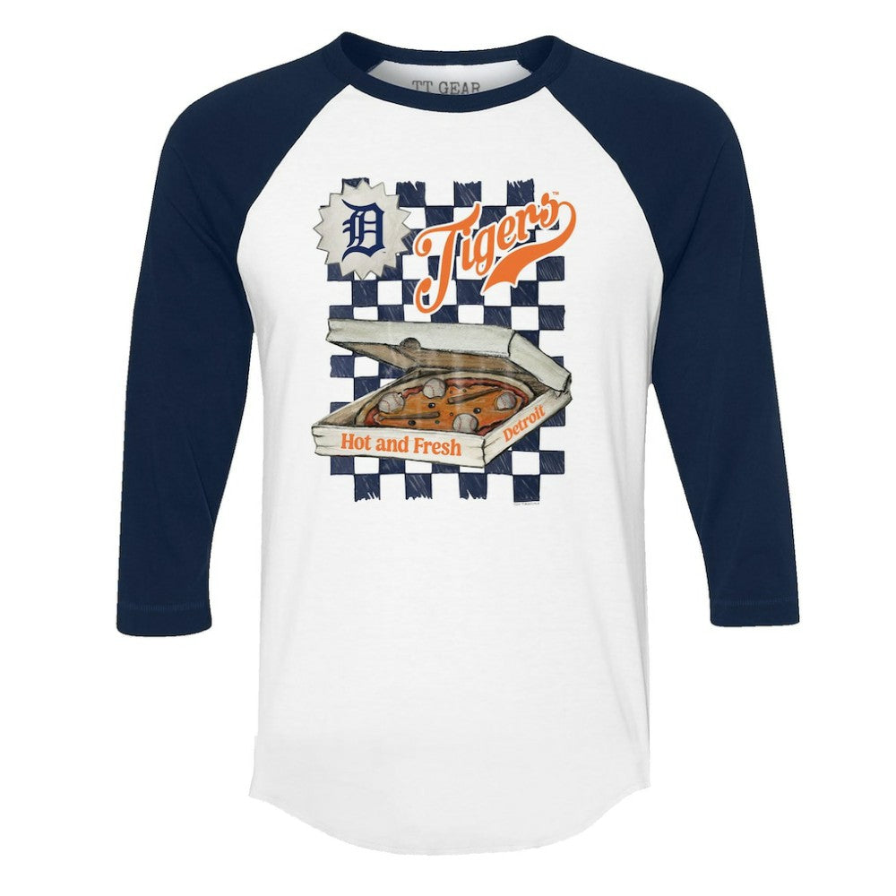 Detroit Tigers Tiny Turnip Women's Pizza 3/4-Sleeve Raglan Baseball T-Shirt White/Navy