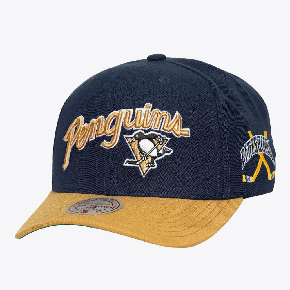 Pittsburgh Penguins Mitchell & Ness x Just Don Wave Script Pro Strapback Hat - Navy/Gold Hats