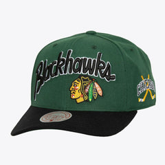 Chicago Blackhawks Mitchell & Ness x Just Don Wave Script Pro Strapback Hat - Green/Black Hats