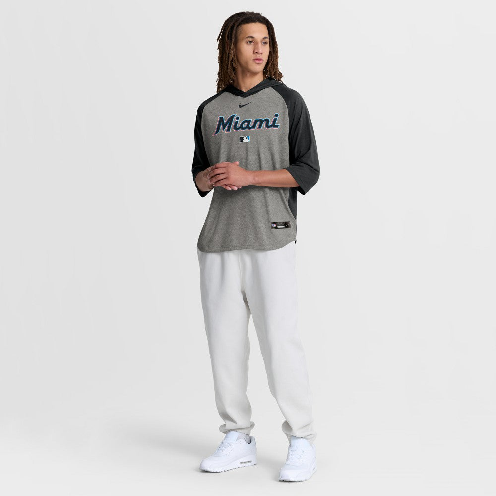 Miami Marlins Authentic Collection Flux Dri-FIT Raglan 3/4-Sleeve Hooded T-Shirt Gray