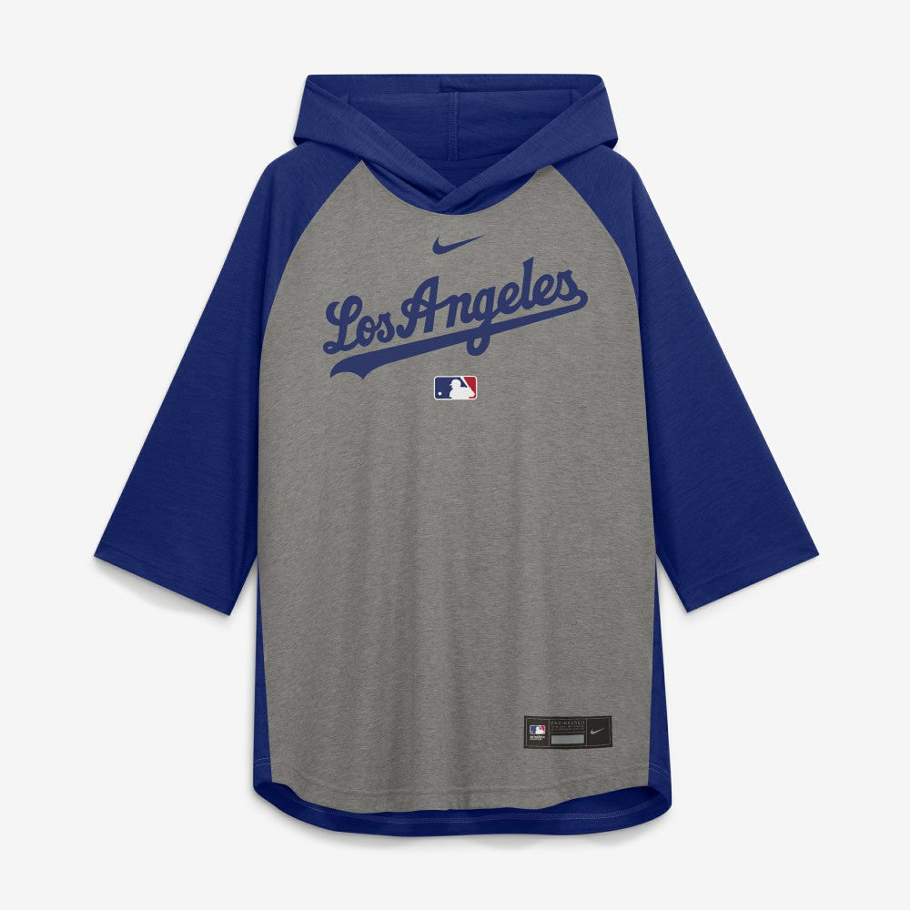 Los Angeles Dodgers Authentic Collection Flux Dri-FIT Raglan 3/4-Sleeve Hooded T-Shirt Gray