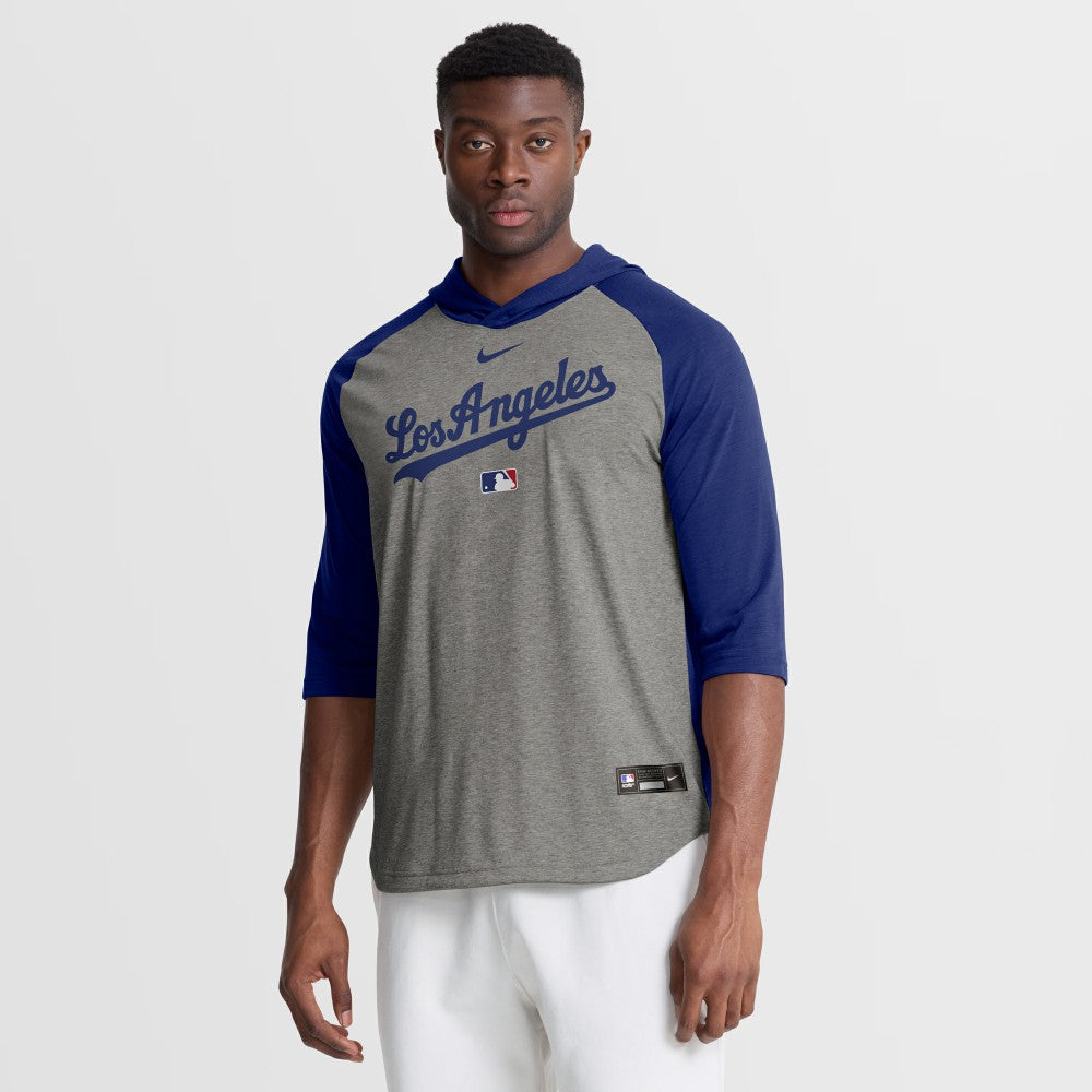Los Angeles Dodgers Authentic Collection Flux Dri-FIT Raglan 3/4-Sleeve Hooded T-Shirt Gray