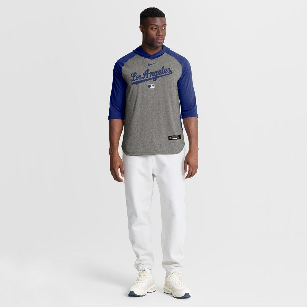 Los Angeles Dodgers Authentic Collection Flux Dri-FIT Raglan 3/4-Sleeve Hooded T-Shirt Gray