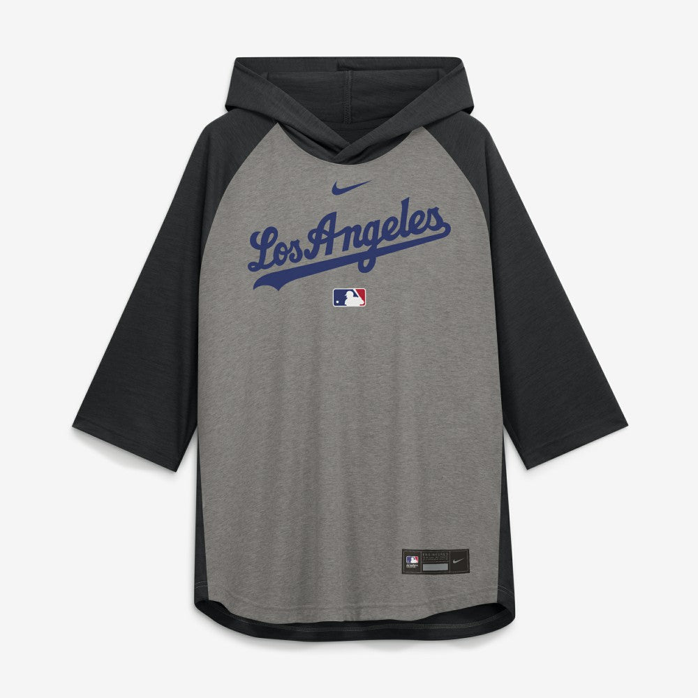 Los Angeles Dodgers Authentic Collection Flux Dri-FIT Raglan 3/4-Sleeve Hooded T-Shirt Gray