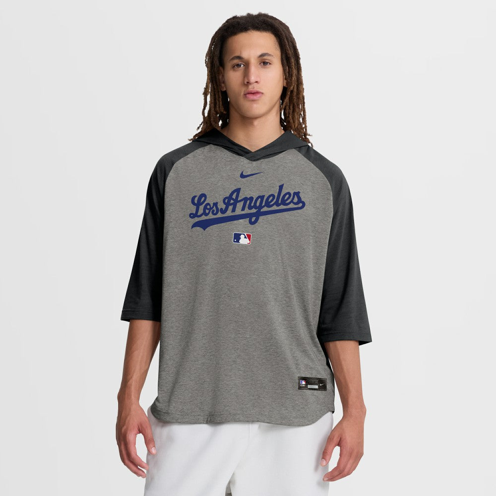 Los Angeles Dodgers Authentic Collection Flux Dri-FIT Raglan 3/4-Sleeve Hooded T-Shirt Gray