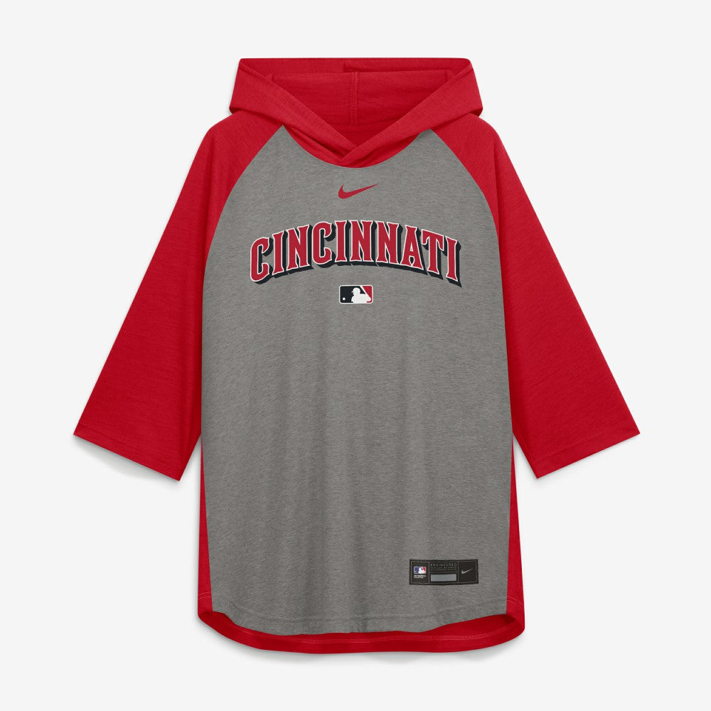 Cincinnati Reds Authentic Collection Flux Dri-FIT Raglan 3/4-Sleeve Hooded T-Shirt Gray