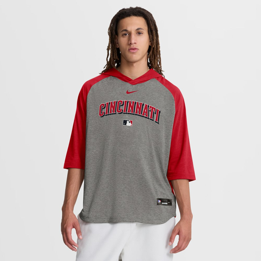 Cincinnati Reds Authentic Collection Flux Dri-FIT Raglan 3/4-Sleeve Hooded T-Shirt Gray