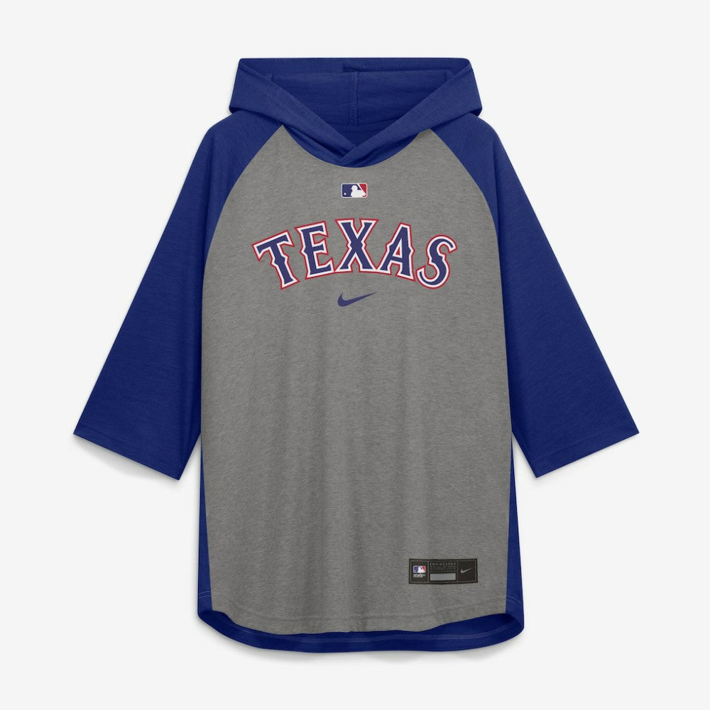 Texas Rangers Authentic Collection Flux Dri-FIT Raglan 3/4-Sleeve Hooded T-Shirt Gray