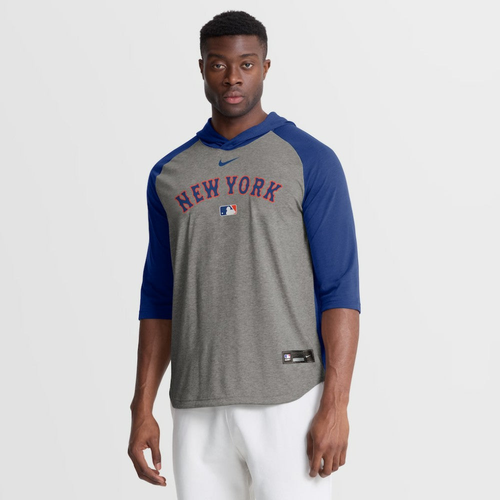 New York Mets Authentic Collection Flux Dri-FIT Raglan 3/4-Sleeve Hooded T-Shirt Gray