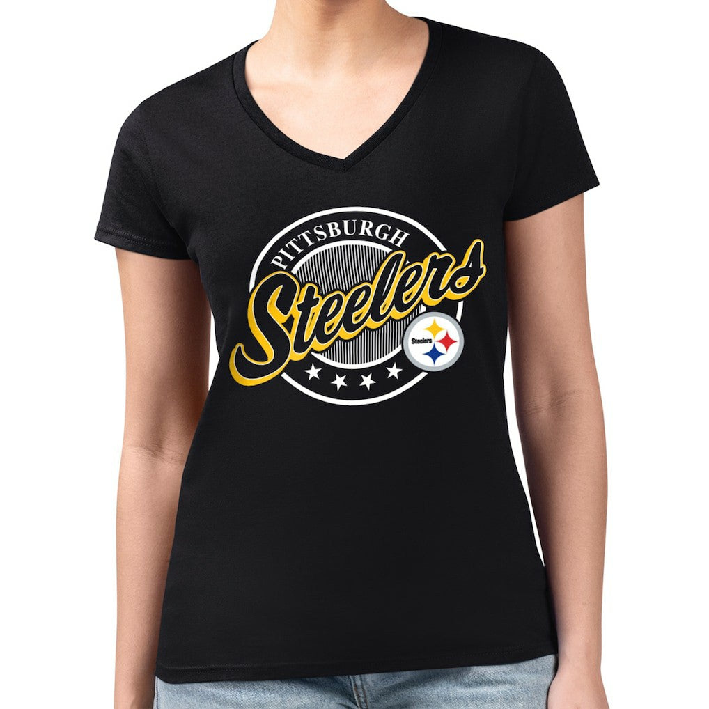 Pittsburgh Steelers G-III 4Her by Carl Banks Women's Super-Slim Fit Lightweight Pinstripe Circle V-Neck T-Shirt - Black online
