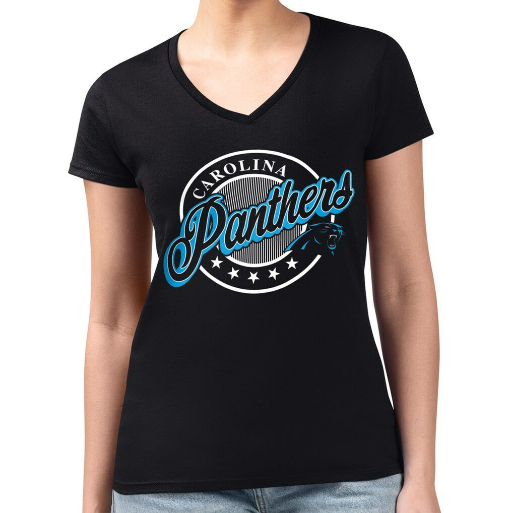 Carolina Panthers G-III 4Her by Carl Banks Women's Super-Slim Fit Lightweight Pinstripe Circle V-Neck T-Shirt - Black on sale