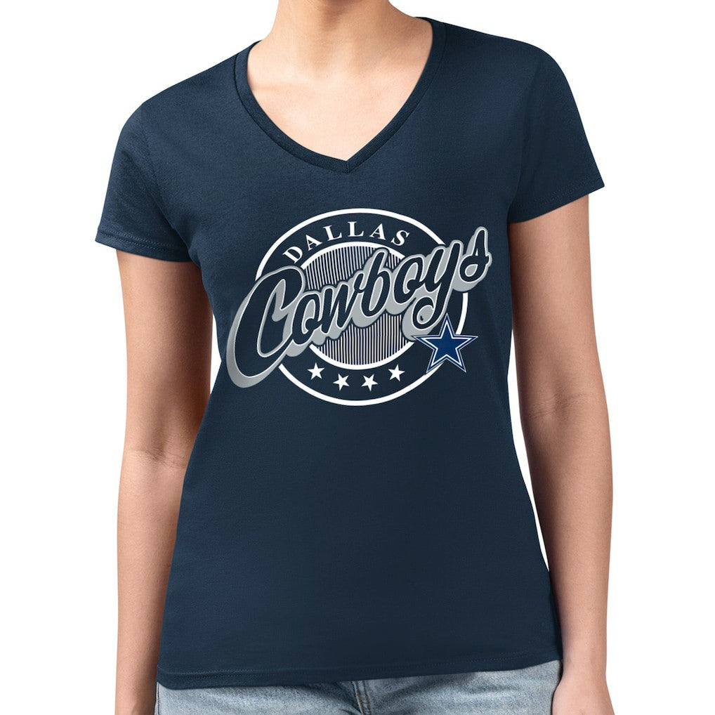 Dallas Cowboys G-III 4Her by Carl Banks Women's Super-Slim Fit Lightweight Pinstripe Circle V-Neck T-Shirt - Navy sale