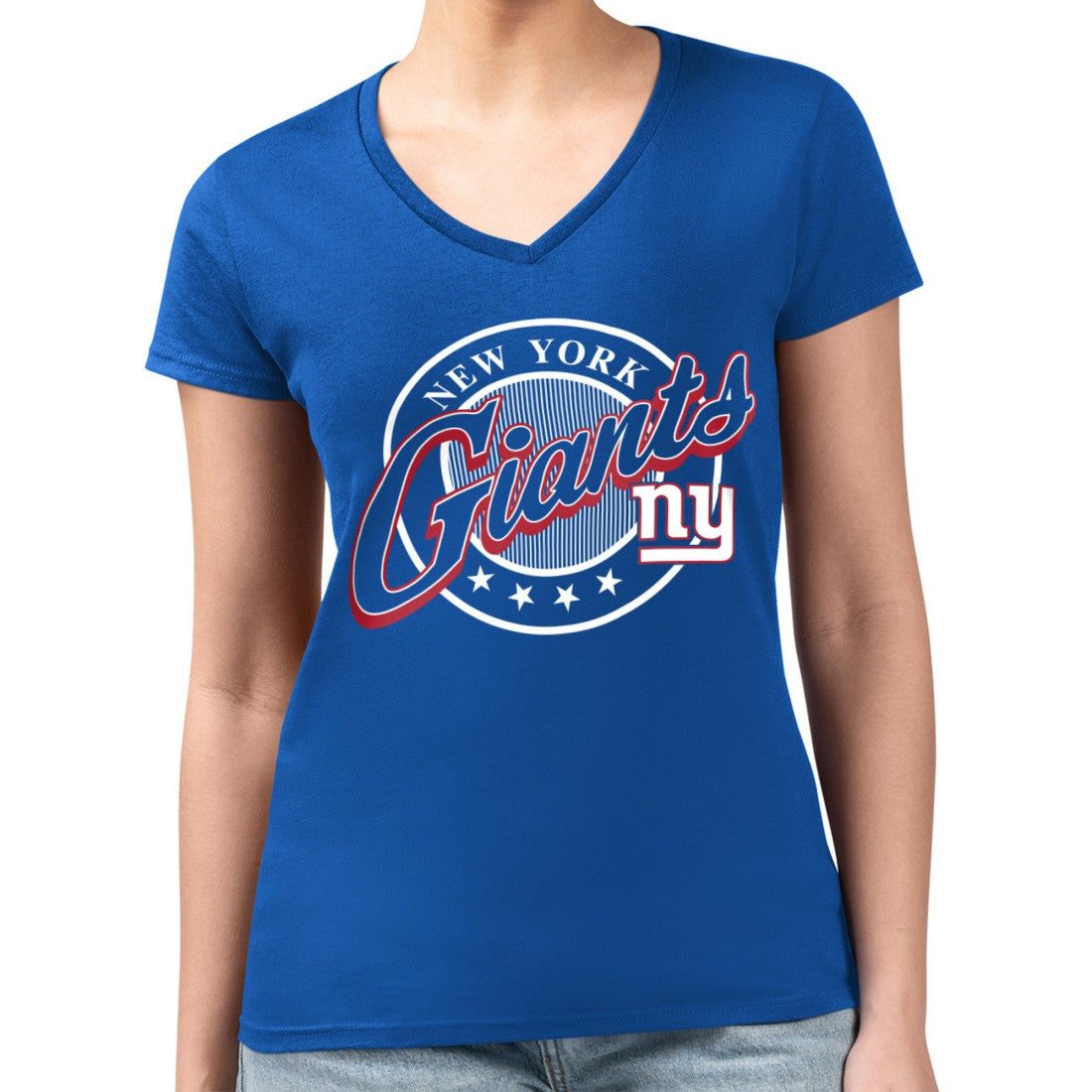 New York Giants G-III 4Her by Carl Banks Women's Super-Slim Fit Lightweight Pinstripe Circle V-Neck T-Shirt - Royal outlet