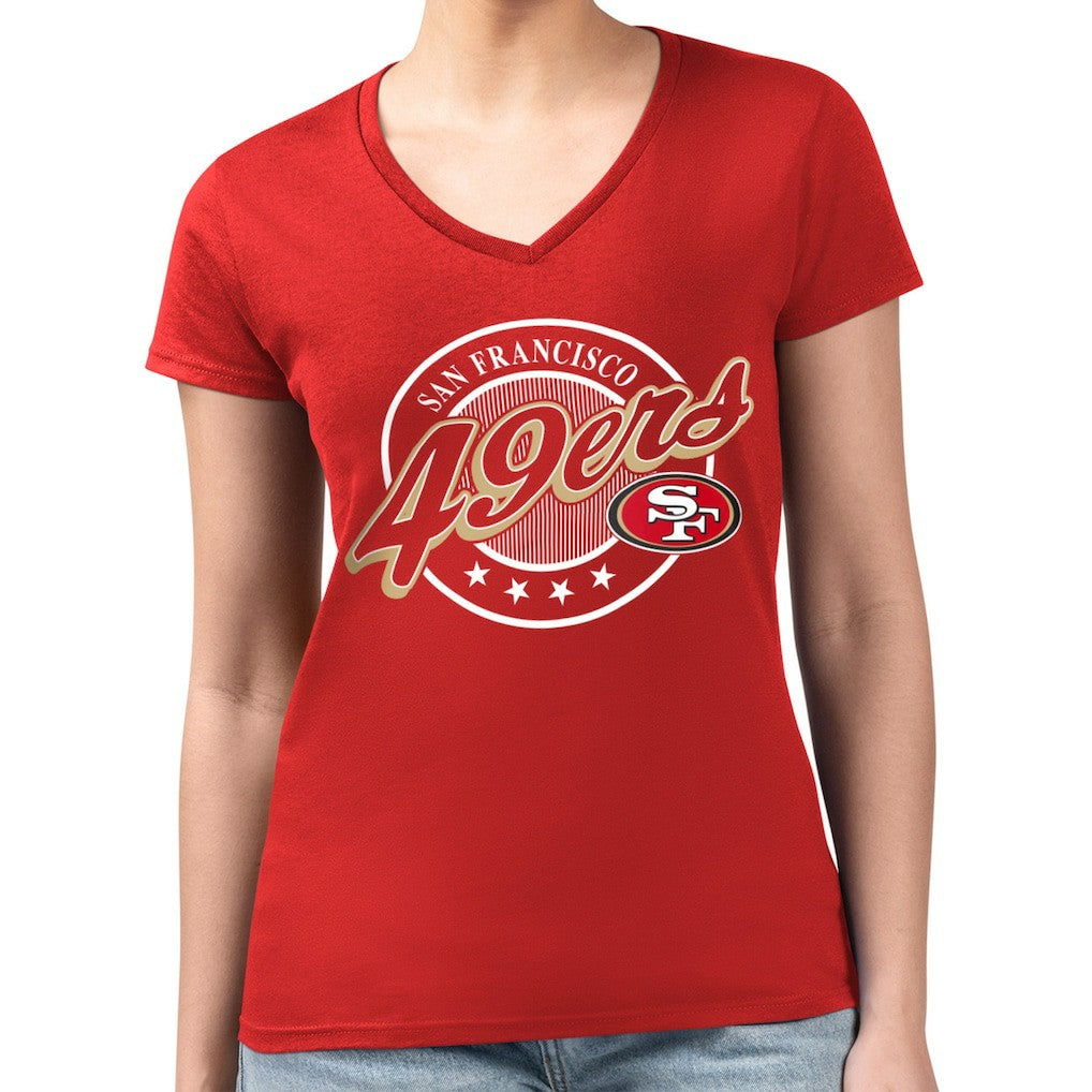 San Francisco 49ers G-III 4Her by Carl Banks Women's Super-Slim Fit Lightweight Pinstripe Circle V-Neck T-Shirt - Scarlet sale